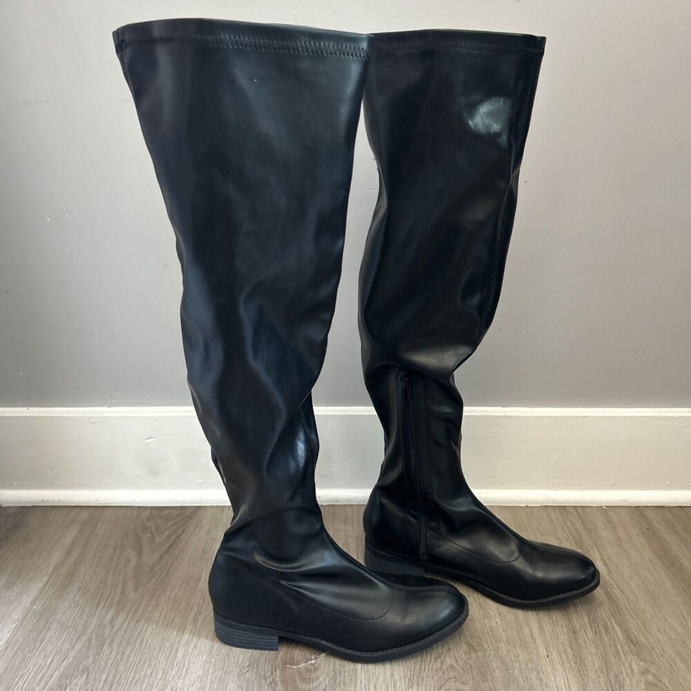 Allegra K Thigh High Boots Womens 9 Black Low Block Heel Over Knee Ankle Zip